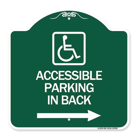 Signmission Accessible Parking on Right Arrow W/ Graphic, Green & White Aluminum Sign, 18" x 18", GW-1818-24355 A-DES-GW-1818-24355